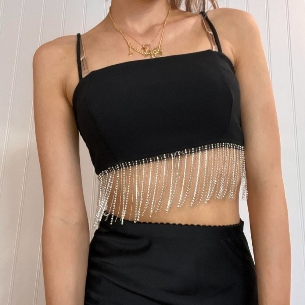 TOSKA Crop Top Chain Fringe Rhinestones Top Size L